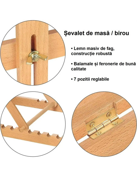 W07C_NATUR,Sevalet pliabil din lemn de fag, pentru pictura la masa/birou, inaltime 62 cm, suporta panza de pana la 58 cm, greuta