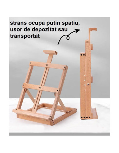 W07C_NATUR,Sevalet pliabil din lemn de fag, pentru pictura la masa/birou, inaltime 62 cm, suporta panza de pana la 58 cm, greuta