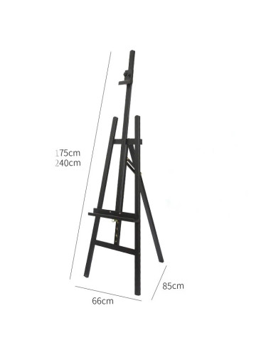 W04A_NEGRU,Șevalet pictură, din lemn de fag, inaltime 175 cm - 240 cm, pentru panze inalte de pana la 130 cm, culoare neagra, W0