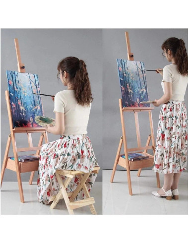 HJ1A_NEGRU,Șevalet pictură cu cutie depozitate, material lemn de fag, inaltime reglabila 150-190 cm, pentru panze inalte de pana