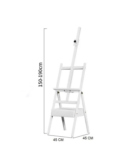 HJ1A_ALB,Șevalet pictură cu cutie depozitate, material lemn de fag, inaltime reglabila 150-190 cm, pentru panze inalte de pana l