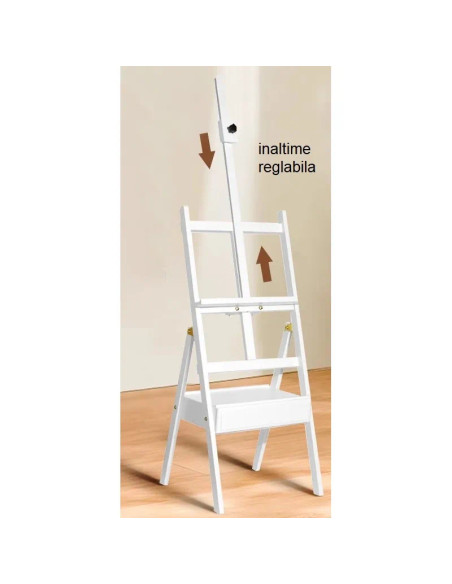 HJ1A_ALB,Șevalet pictură cu cutie depozitate, material lemn de fag, inaltime reglabila 150-190 cm, pentru panze inalte de pana l