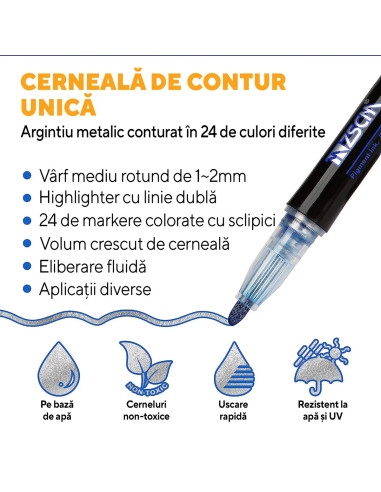 MKR-SV-24,Set markere cu sclipici argintiu si contur colorat, 24 culori