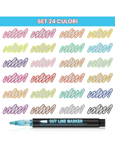MKR-SV-24,Set markere cu sclipici argintiu si contur colorat, 24 culori