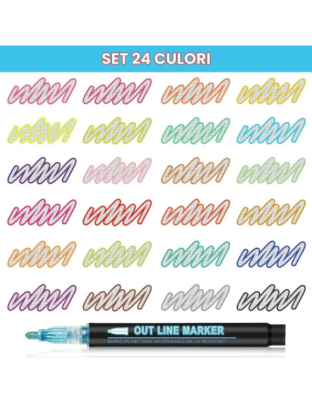 MKR-SV-24,Set markere cu sclipici argintiu si contur colorat, 24 culori