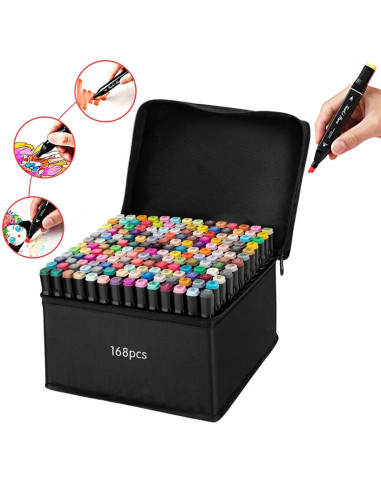 MKR_168,Set markere permanente, cu alcool, 168 culori, doua capete 1-6mm, 15 cm, geanta depozitare inclusa, Criando, MKR_168