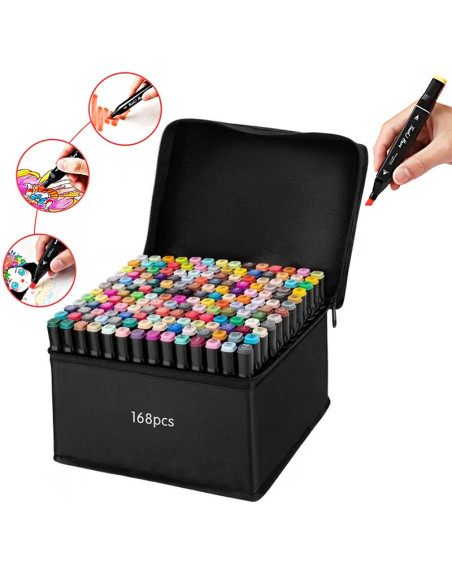 MKR_168,Set markere permanente, cu alcool, 168 culori, doua capete 1-6mm, 15 cm, geanta depozitare inclusa, Criando, MKR_168