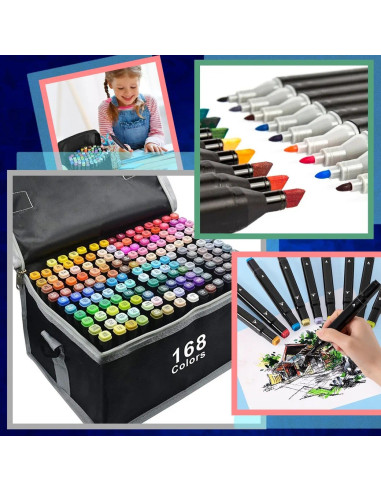 MKR_168,Set markere permanente, cu alcool, 168 culori, doua capete 1-6mm, 15 cm, geanta depozitare inclusa, Criando, MKR_168