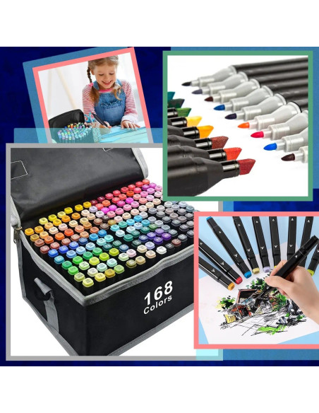 MKR_168,Set markere permanente, cu alcool, 168 culori, doua capete 1-6mm, 15 cm, geanta depozitare inclusa, Criando, MKR_168