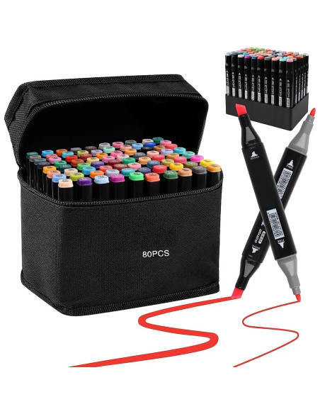 MKR_80,Set markere permanente, cu alcool, 80 culori, doua capete 1-6mm, 15 cm, geanta depozitare inclusa, Criando, MKR_80