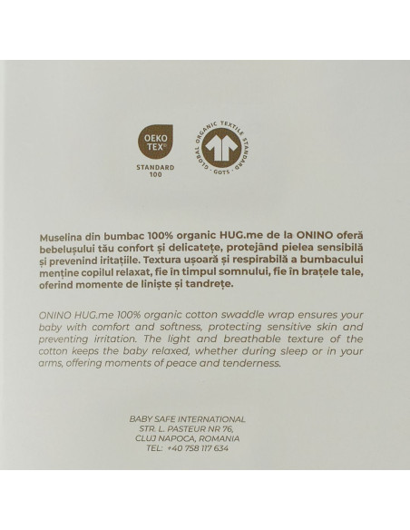 BB-CDSW003,ONINO - Muselina multifunctionala din bumbac 100% organic, HUG.me, Creamy Vanilla, x1 bucata, 120 x 120 cm, certifica