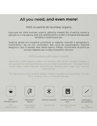 BB-CDSW009,ONINO - Muselina multifunctionala din bumbac 100% organic, SNUGGLE.me, Pure Life, x1 bucata, 120 x 120 cm, certificat