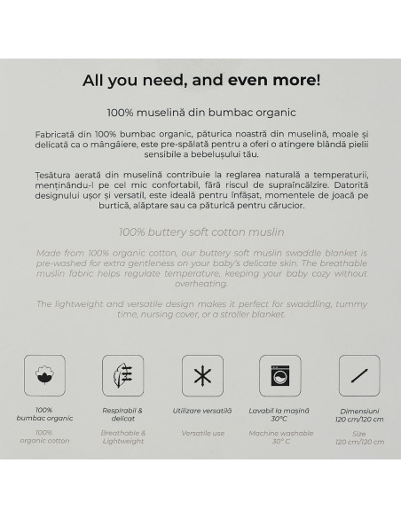BB-CDSW009,ONINO - Muselina multifunctionala din bumbac 100% organic, SNUGGLE.me, Pure Life, x1 bucata, 120 x 120 cm, certificat