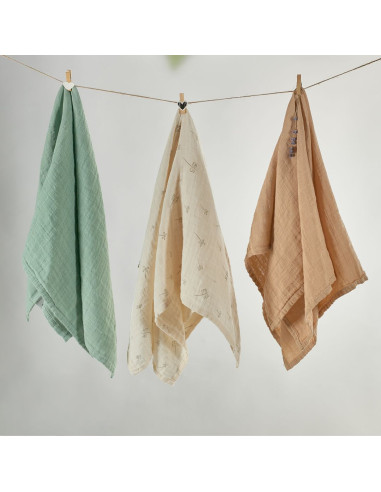 BB-CDSW008,ONINO - Muselina multifunctionala din bumbac 100% organic, HUG.me, Pure Nature, x3 bucati, 60 x 60 cm, certificata GO