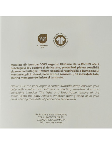 BB-CDSW008,ONINO - Muselina multifunctionala din bumbac 100% organic, HUG.me, Pure Nature, x3 bucati, 60 x 60 cm, certificata GO