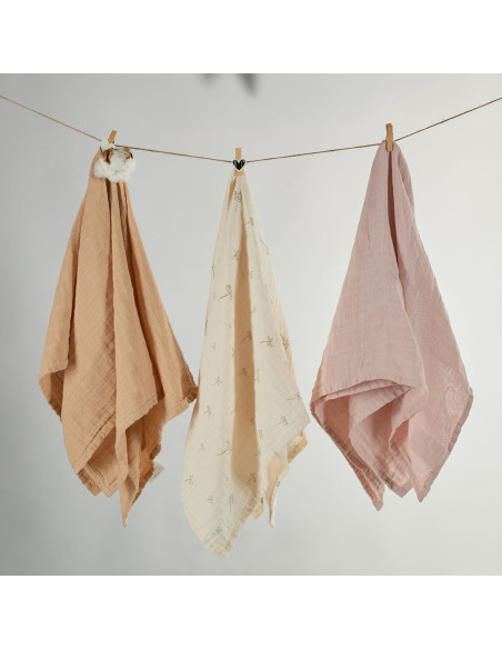 BB-CDSW007,ONINO - Muselina multifunctionala din bumbac 100% organic, HUG.me, Pure Bloom, x3 bucati, 60 x 60 cm, certificata GOT