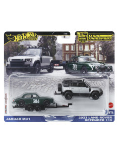 MTFLF56_JBM29,Hot Wheels Transportator Land Rover Defender 110 2023 Cu Masinuta Jaguar Mk1 Scara 1 La 64