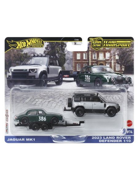 MTFLF56_JBM29,Hot Wheels Transportator Land Rover Defender 110 2023 Cu Masinuta Jaguar Mk1 Scara 1 La 64