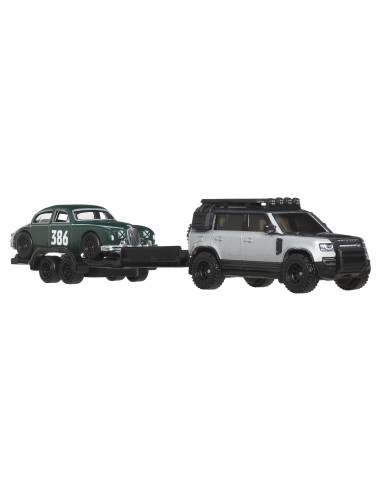 MTFLF56_JBM29,Hot Wheels Transportator Land Rover Defender 110 2023 Cu Masinuta Jaguar Mk1 Scara 1 La 64