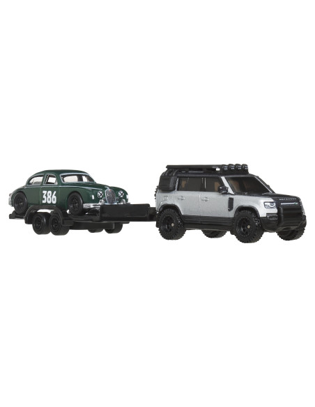 MTFLF56_JBM29,Hot Wheels Transportator Land Rover Defender 110 2023 Cu Masinuta Jaguar Mk1 Scara 1 La 64