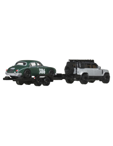 MTFLF56_JBM29,Hot Wheels Transportator Land Rover Defender 110 2023 Cu Masinuta Jaguar Mk1 Scara 1 La 64