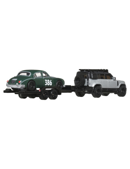 MTFLF56_JBM29,Hot Wheels Transportator Land Rover Defender 110 2023 Cu Masinuta Jaguar Mk1 Scara 1 La 64