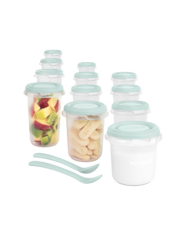 TN-89528,Set 12 recipiente gradate cu 2 lingurite Miniland Mint, 200, 250 si 330 ml