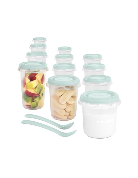 TN-89528,Set 12 recipiente gradate cu 2 lingurite Miniland Mint, 200, 250 si 330 ml