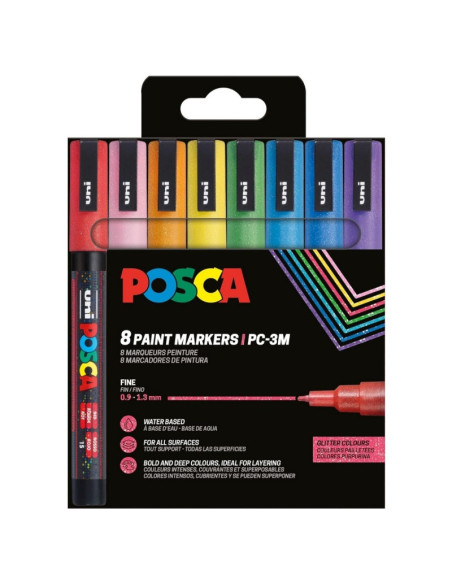 M1514,Marker UNI Posca PC-3ML, varf rotund, 0.9-1.3mm, set 8 culori cu sclipici