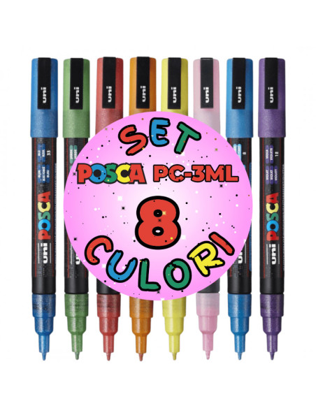 M1514,Marker UNI Posca PC-3ML, varf rotund, 0.9-1.3mm, set 8 culori cu sclipici