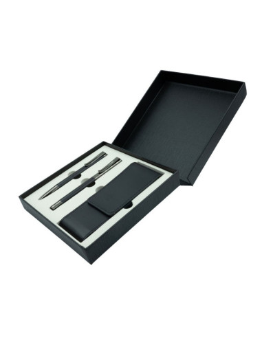 S2729,Set cadou stilou + pix + etui Office-Cover, metalic, negru cu argintiu clips agrafa, cutie cadou
