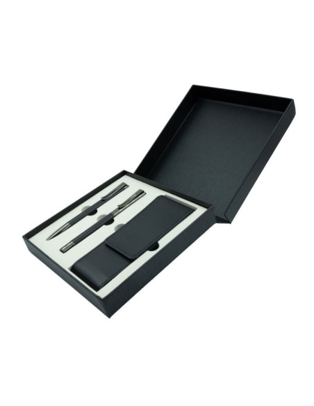 S2729,Set cadou stilou + pix + etui Office-Cover, metalic, negru cu argintiu clips agrafa, cutie cadou