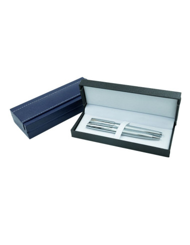 S2730,Set cadou stilou + pix Office-Cover, metalic, argintiu cu striatii cutie cu clapeta
