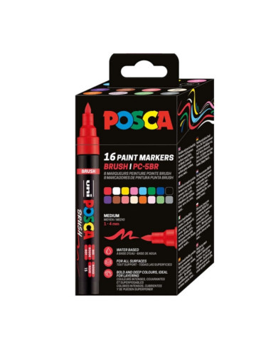 M1603,Marker UNI Posca PC-5BR, varf pensula, 1-4mm, set 16 culori