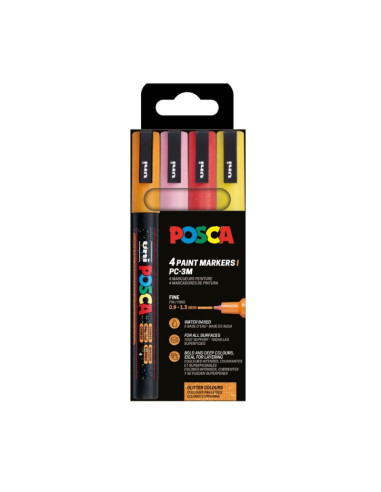 M1654,Marker UNI Posca PC-3ML, varf rotund, 0.9-1.3mm, set 4 culori calde, cu sclipici