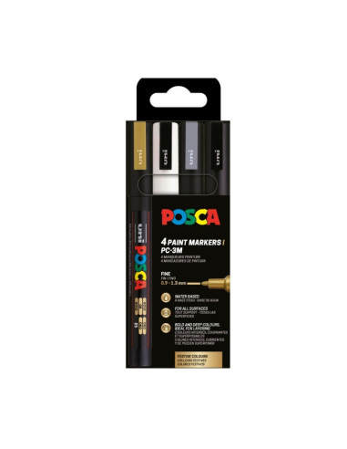 M1659,Marker UNI Posca PC-3M, varf rotund, 0.9-1.3mm, set 4 culori (negru, argintiu, auriu, alb)