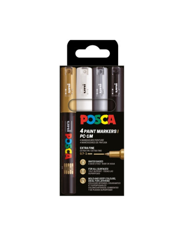 M1652,Marker UNI Posca PC-1M, varf rotund, 0.7mm, set 4 culori (negru, argintiu, auriu, alb)