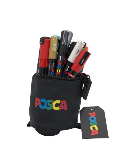 Penar echipat UNI Posca, Stand UP, cilindric, 1 fermoar, negru, 18buc