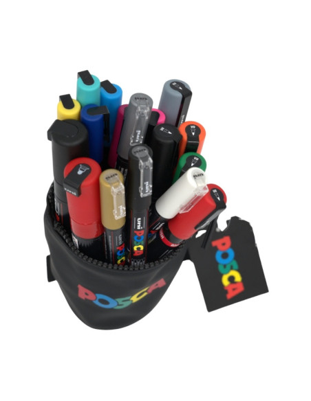 Penar echipat UNI Posca, Stand UP, cilindric, 1 fermoar, negru, 18buc