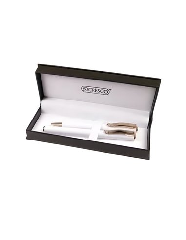 Set cadou stilou + pix Cresco Classic 830019 CL-06, corp metalic alb clips auriu