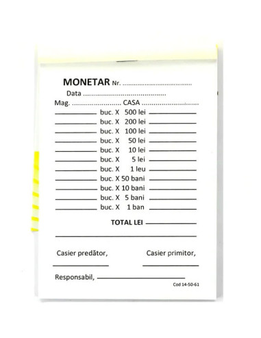 TP000038,Monetar, A6, formular tipizat pentru evidenta zilnica a numerarului