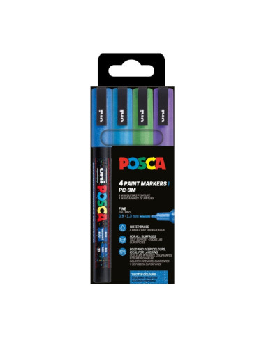 M1655,Marker UNI Posca PC-3ML, varf rotund, 0.9-1.3mm, set 4 culori reci, cu sclipici