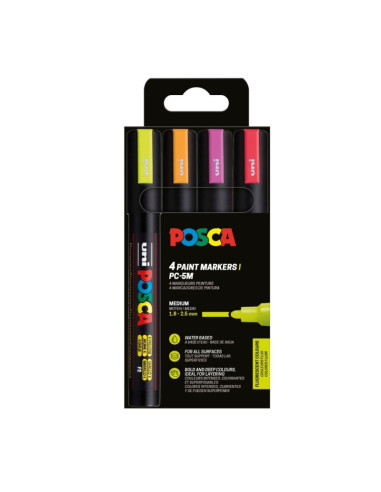 M1656,Marker UNI Posca PC-5M, varf rotund, 1.8-2.5mm, set 4 culori fluorescente (orange, roz, rosu, galben)