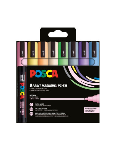 M1555,Marker UNI Posca PC-5M, varf rotund, 1.8-2.5mm, set 8 culori pastel