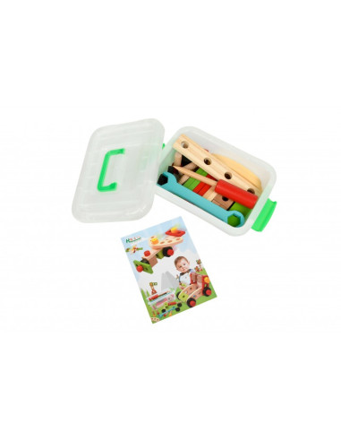 J922,Jucarie educativa lemn, trusa scule+accesorii/caseta PVC cu maner