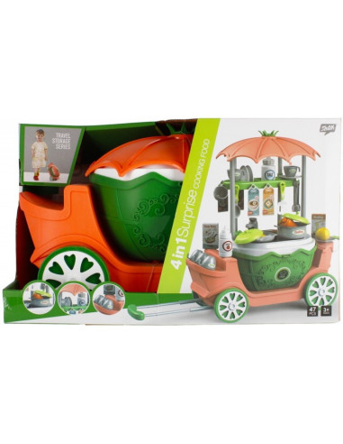 J1193,Set de joaca 4 in 1 - bucatarie utilata - accesorii diverse, cu maner, pe roti, verde-portocaliu, MegaCreative 460502, 3+ 