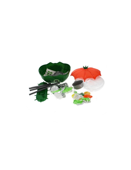 J1193,Set de joaca 4 in 1 - bucatarie utilata - accesorii diverse, cu maner, pe roti, verde-portocaliu, MegaCreative 460502, 3+ 