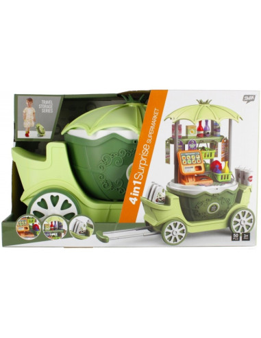 J1206,Set de joaca 4 in 1 - supermarket - accesorii diverse incluse, cu maner, pe roti, verde, MegaCreative 459945, 3+ ani