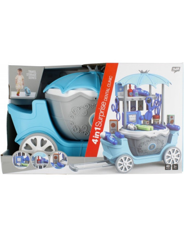 J1506,Set de joaca 4 in 1 - stand dentist - accesorii diverse incluse, cu maner, pe roti, bleu-gri, MegaCreative 460277, 3+ ani