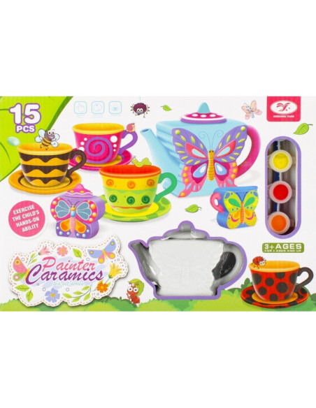 J1403,Set de ceai - pentru pictat - ceramica, 15 piese, acurele si pensula incluse, MegaCreative 501294, 3+ ani